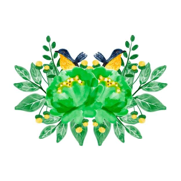 緑の花と水彩画の鳥の花束