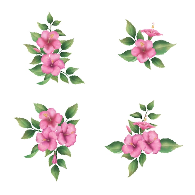 핑크 히비스커스 꽃과 페인트 잎의 꽃다발