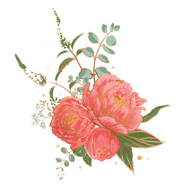 Bouquet di peonie illustrazione disegnata a mano vettore isolato