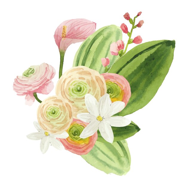 Bouquet of pink flowers watercolor illustrations