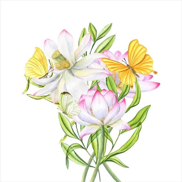 Bouquet of pink lotus flowers green leaves Yellow butterflies fluttering around waterlilies