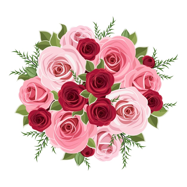 Bouquet of pink and red roses and leaves