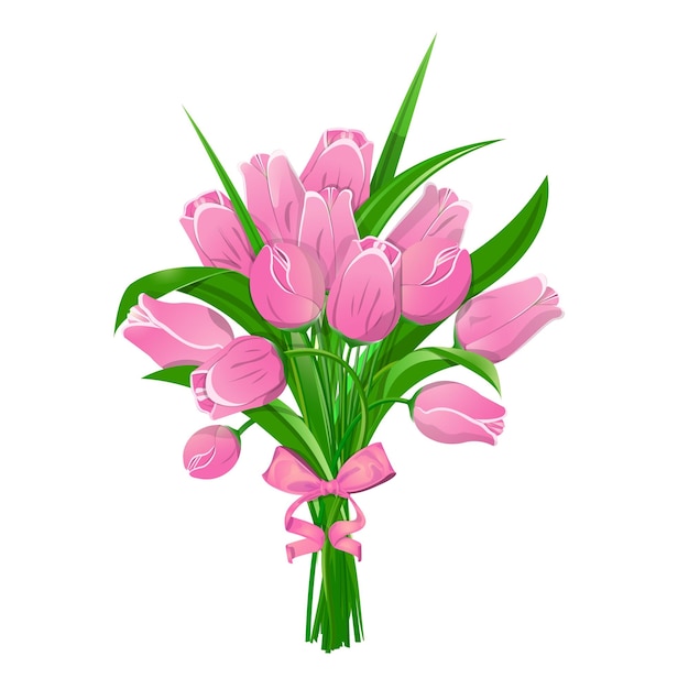 Bouquet of pink tulips with a tap bow and ribbons Isolated on a white background