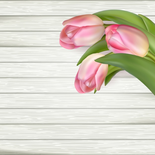 Vector bouquet of pink tulips on wooden background