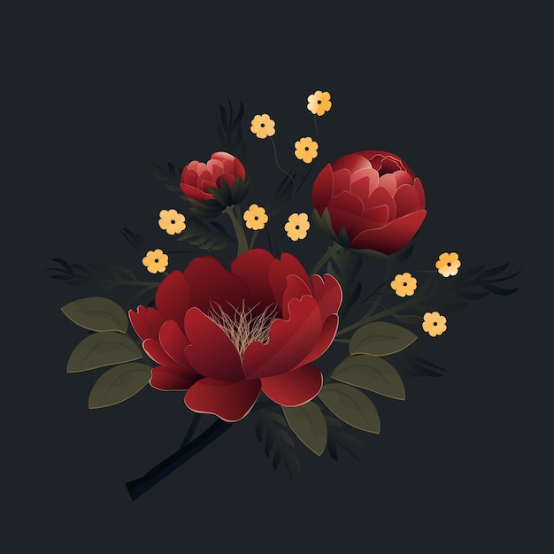 A bouquet of red flowers with yellow flowers on a dark background.