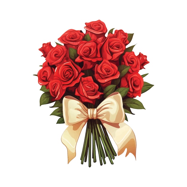 A bouquet of red roses with a bow in the style of colored cartoon style ivory on white background