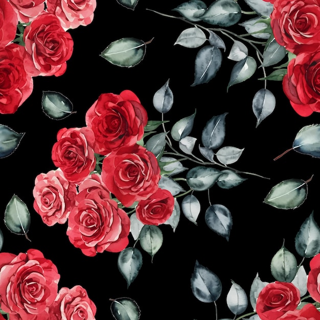 Bouquet of red roses with green leaves on black background print seamless pattern backdrop Vector illustration