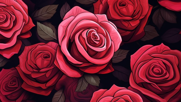 Vettore un bouquet di rose rosse con foglie e uno sfondo nero
