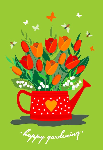 A bouquet of red tulips in a watering can