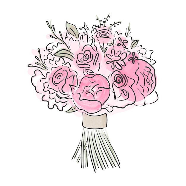 Bouquet of roses and peonies brides bouquethand drawn vector illustration