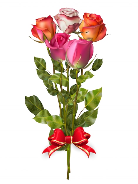 Vettore bouquet di rose con fiocco rosso.