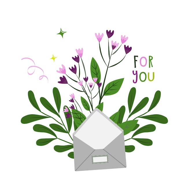 bouquet of spring flowers Flat vector illustration of a love letter Romantic Valentine s Day