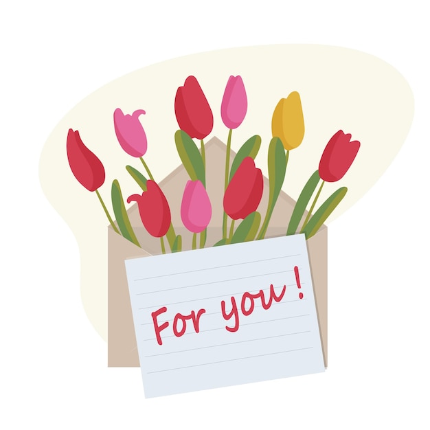 A bouquet of spring tulips inside the envelope and a letter with an inscription for you