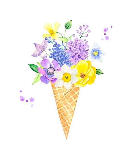 Bouquet of summer flowers in a waffle cup watercolor illustration