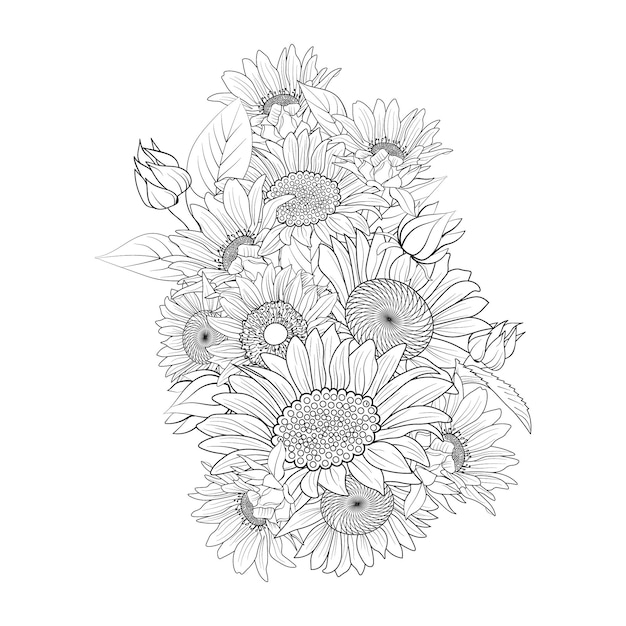 太陽の花の花束手描きの入れ墨の刻まれたイラスト インク スケッチ大人のための着色のページ。