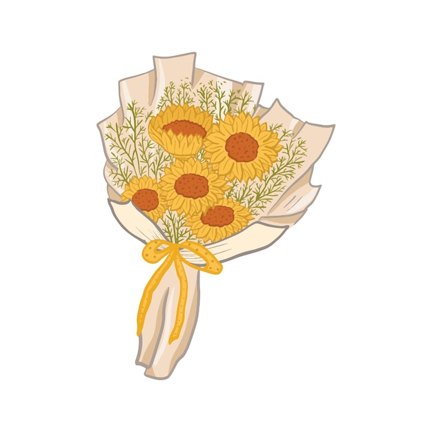 A bouquet of sunflowers is tied with a ribbon.