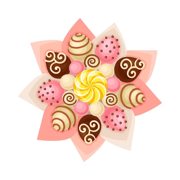 Букет сладостей, шоколада и карамели, покрытый бумажной оболочкой, вид с верхней векторной иллюстрации