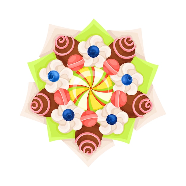 Vector bouquet of sweets chocolate and caramel covered with striped candies in paper wrap view from above