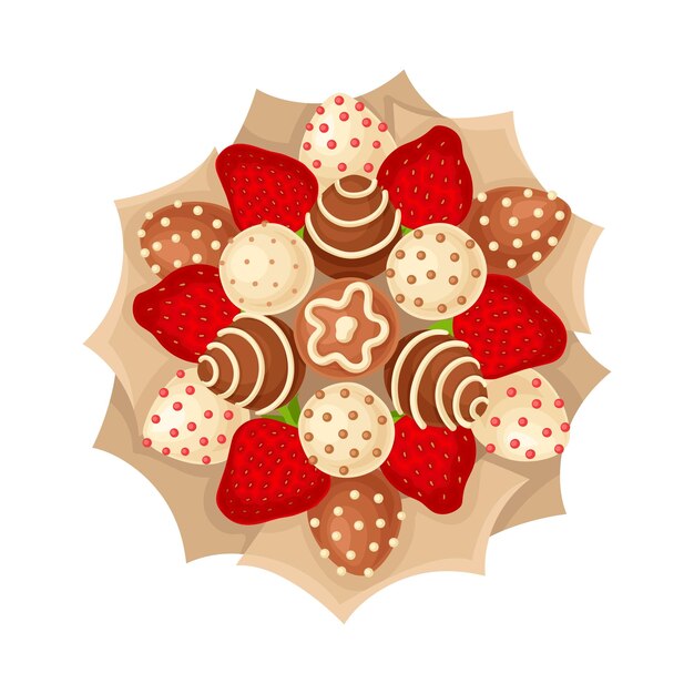 Vector bouquet of sweets and strawberry covered with chocolate in paper wrap view from above vector