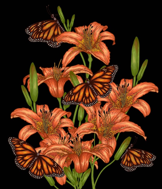 Букет из тигровых лилий и бабочек монархов