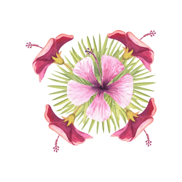 Vettore bouquet di fiori tropicali e foglie in acquerello illustrazione vettoriale