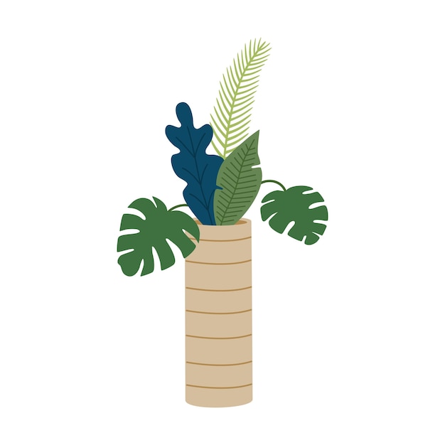 Bouquet of tropical leaves in vase. Fresh green plants for decor. Hand drawn vector illustration