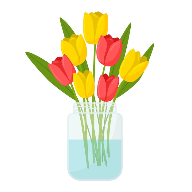 A bouquet of tulips in a clear glass jar. a home decor element. a symbol of spring, summer.