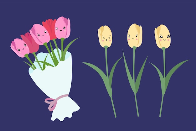 Bouquet of tulips in kawaii cartoon style vector illustration