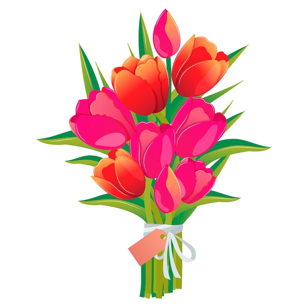 Vettore mazzo di tulipani. fiori primaverili rossi, rosa, gialli. festa della mamma, festa della donna, 8 marzo.