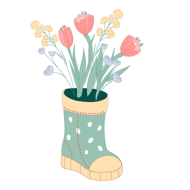 Bouquet of tulips and spring wildflowers in polka dot rubber\
boots flat vector illustration isolated