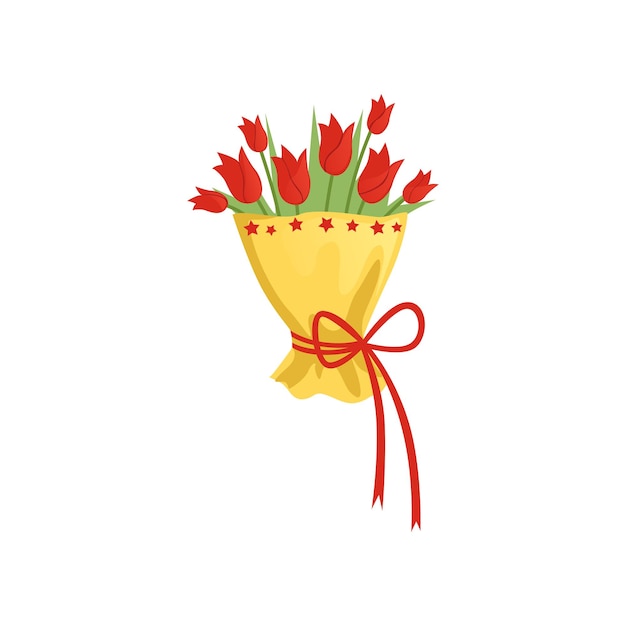 Bouquet of tulips in yellow wrap with red ribbon Beautiful spring flowers Colorful graphic element for greeting card Flat vector icon
