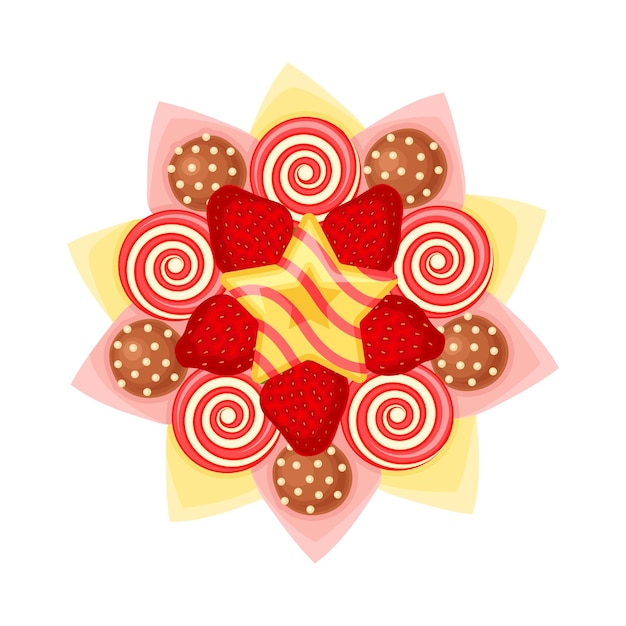 Vector bouquet of twisted sweets and strawberry in paper wrap view from above vector illustration