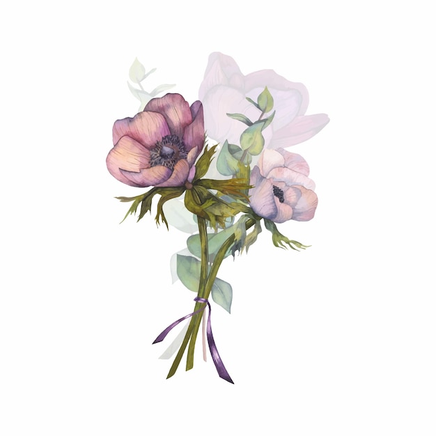 Vector bouquet of watercolor anemones