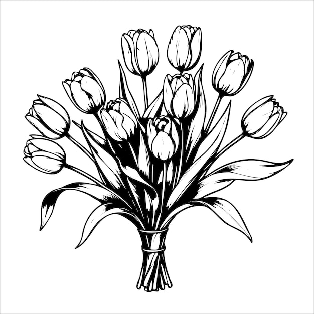 bouquet of white tulips is drawn in black and white