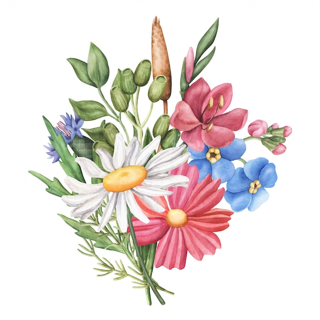 Bouquet of wild summer flowers, round composition