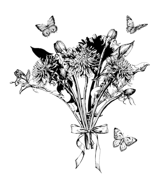 Vector bouquet with blooming dandelions and butterflies hand drawn sketchvector illustration