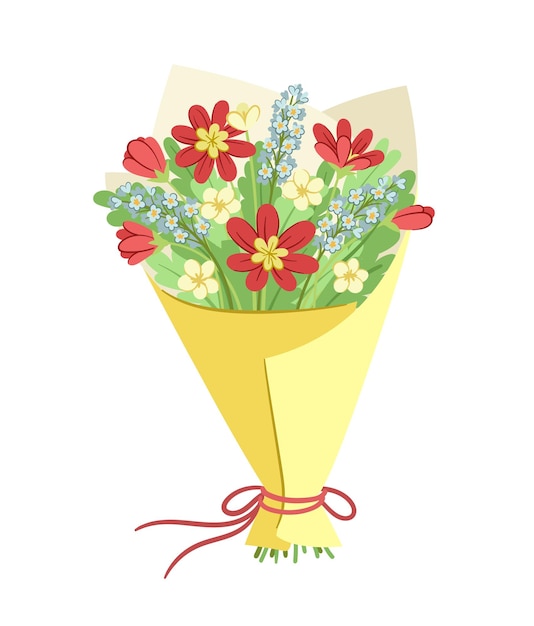 Bouquet with flowers romantic gift or present surprise at valentines day sticker for social networks and messengers cartoon flat vector illustration isolated on white background