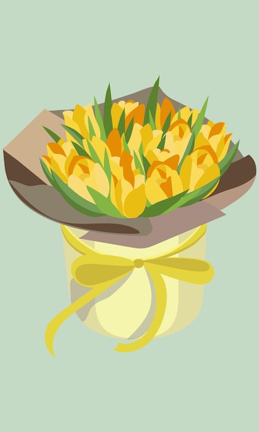 A bouquet of yellow tulips with a yellow ribbon tied around it.