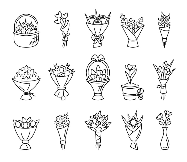 Bouquets flowers collection in linear style vector various bouquets set