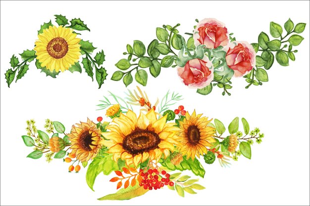 Bouquets of multicolored flowers are red roses yellow sunflower blueFlower arrangementsWatercolo