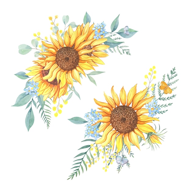 Bouquets of sunflowers and wild flowers watercolor composition