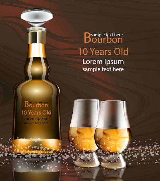 Vector bourbon bottle and glasses realistic product packaging mock up