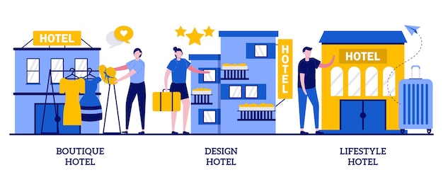 Vettore boutique e hotel di design, concetto di motel lifestyle con persone minuscole. insieme dell'illustrazione di vettore dell'estratto della sistemazione moderna e di festa. appartamento alla moda, metafora del servizio di ospitalità di lusso.