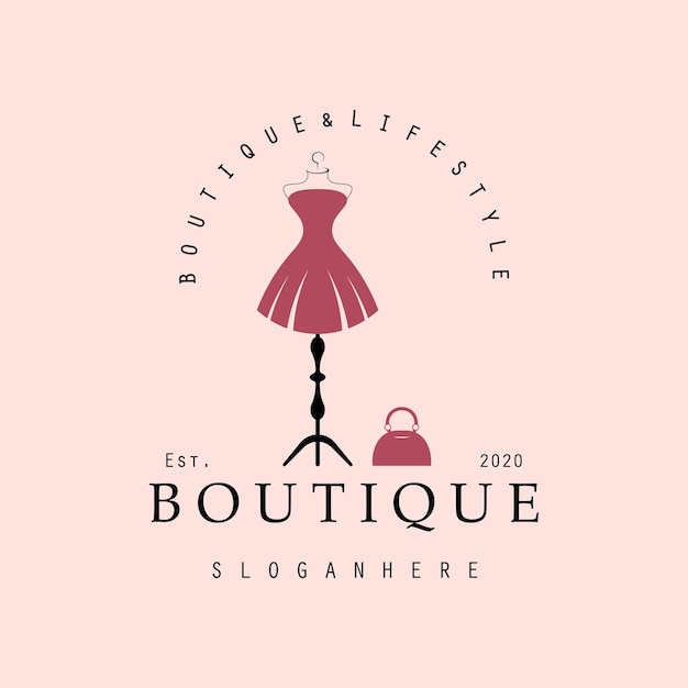 Boutique fashion logo Mannequin dress and handbag on pink backgroundWomens clothing logo with hanger luxury clothesLogo for businessboutiquefashion shopmodelshopping and beauty