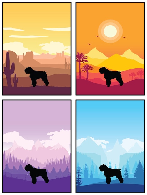 Bouvier Des Flandres Dog Breed Silhouette Sunset Forest Nature Background 4 Posters Stickers Cards