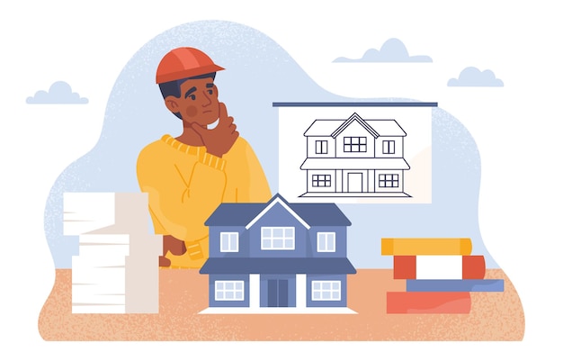 Bouw architect concept Man in beschermende hoed in de buurt van blauwdruk Ingenieur en bouwer denken over woningbouw Architectuur en techniek Cartoon platte vectorillustratie