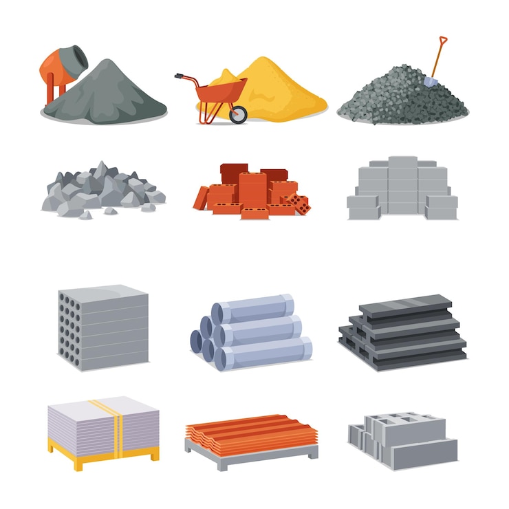 Vector bouw en bouwmaterialen geïsoleerde pictogrammen betonmixer stapel cement trolley met zand en grind of stenen