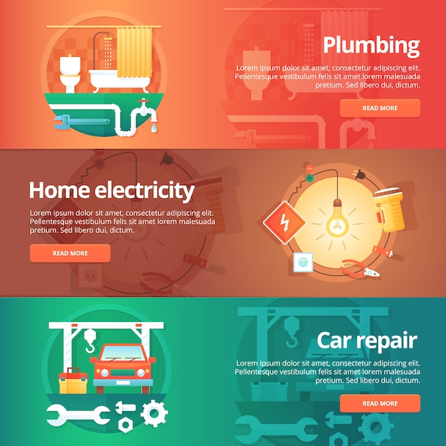 Bouw en bouwset. illustraties rond het thema sanitair, elektriciteit, garage voor autoreparaties. concept.