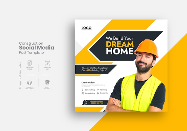 Vector bouw- en huisrenovatiediensten social media post en instagram post design template