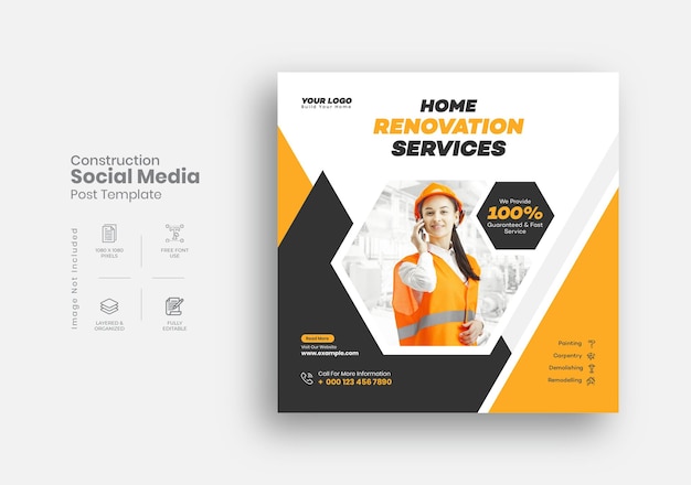 Bouw- en huisrenovatiediensten social media post en Instagram Post Design Template